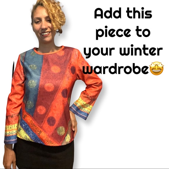 NWOT MISSLOOK Abstract Shapes Art Color Print W/ Long Bell Sleeves Tunic Size L - Picture 3 of 10